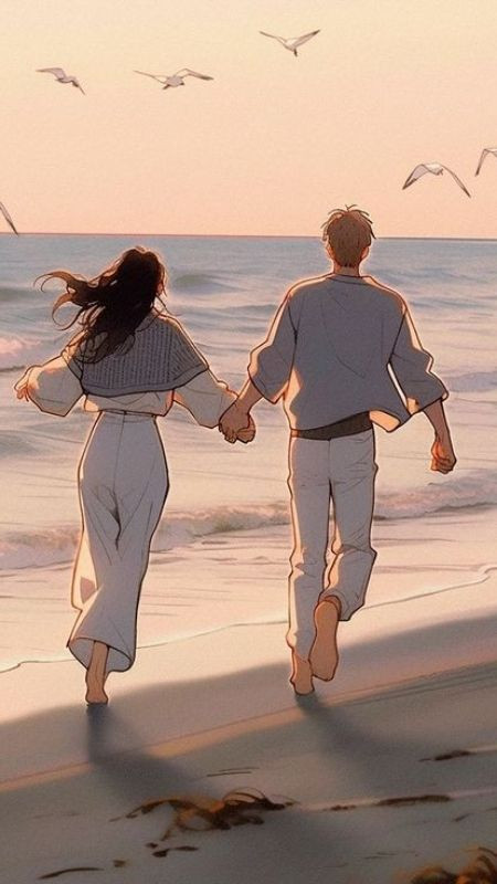Nét vẽ Anime dành cho chàng và nàng nắm tay nhau chạy trên bãi biển lãng mạn
