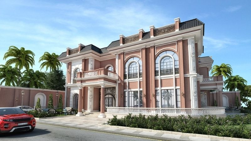 Ngoại thất nhà cổ điển với tông màu vàng nhạt và trắng