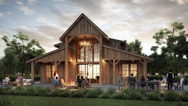 Ngôi nhà Rustic với mái ngói đỏ và ống khói