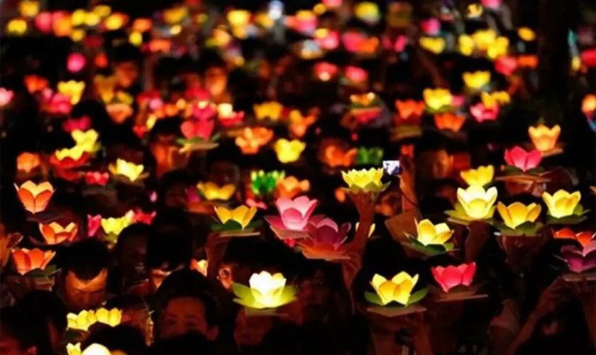 Người dân thả hoa đăng lung linh trên sông trong đêm Vu Lan báo hiếu