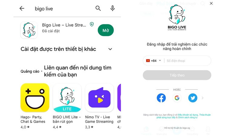 Nhấn Cài đặt để tải và cài đặt Bigo Live trên điện thoại Android