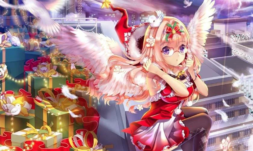 Nhân vật anime chibi nữ có cánh thiên thần và quà Giáng sinh