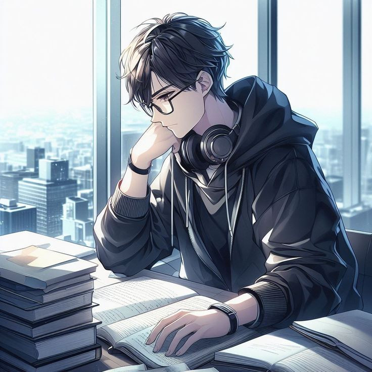 Nhân vật anime nam đeo kính chăm chỉ học bài