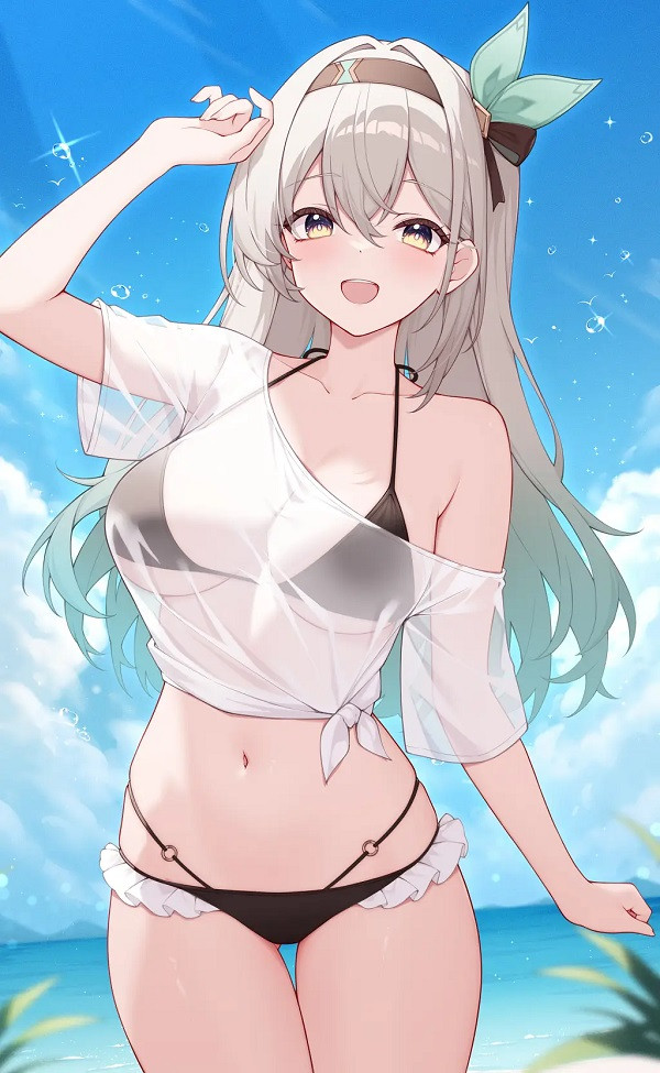 Nhân vật anime nằm thư giãn trên khăn tắm bãi biển