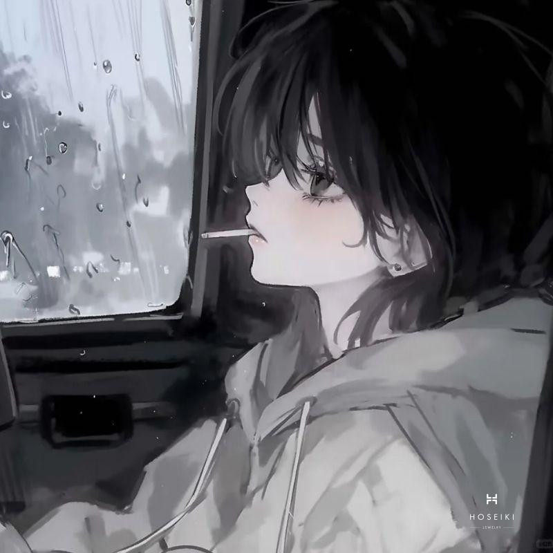 Nhân vật anime nam tóc đen, trang phục tối màu, phong thái lạnh lùng