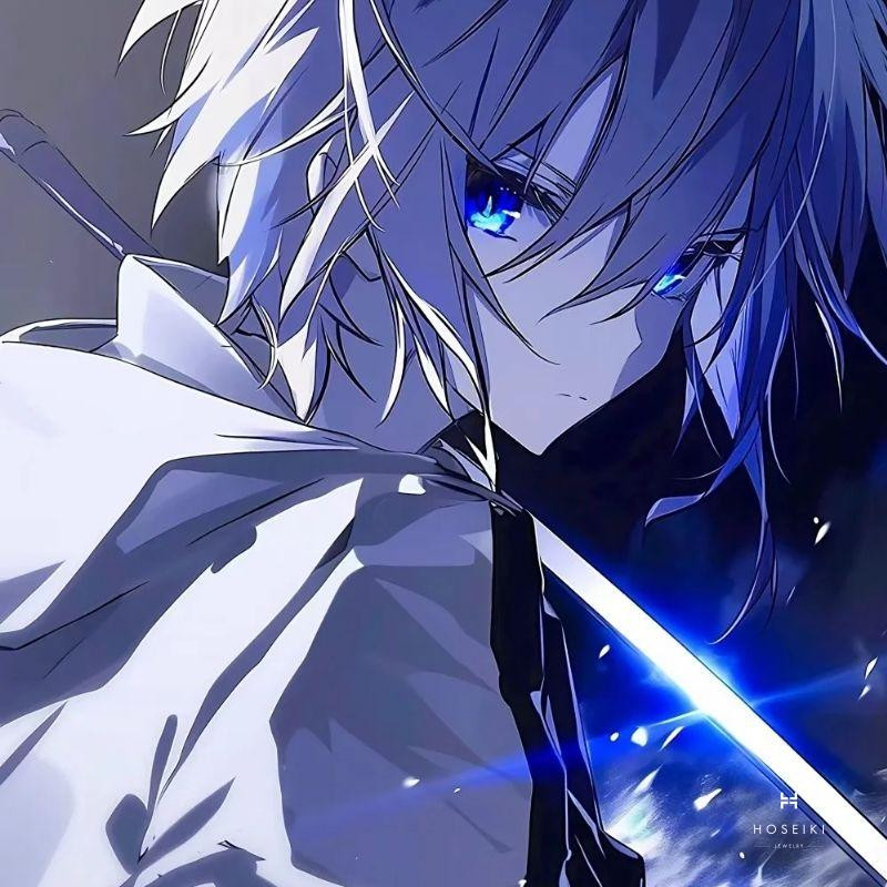 Nhân vật anime nam với mái tóc che một phần mặt, biểu cảm bí ẩn