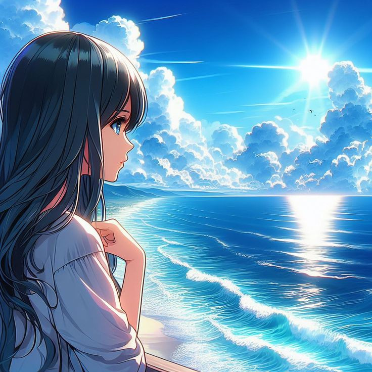 Nhân vật anime ngồi một mình bên bờ biển, gợi cảm giác cô đơn