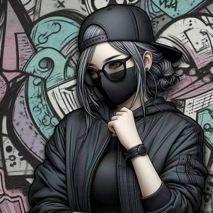 Nhân vật anime nữ đeo kính râm, mũ lưỡi trai và khẩu trang đen