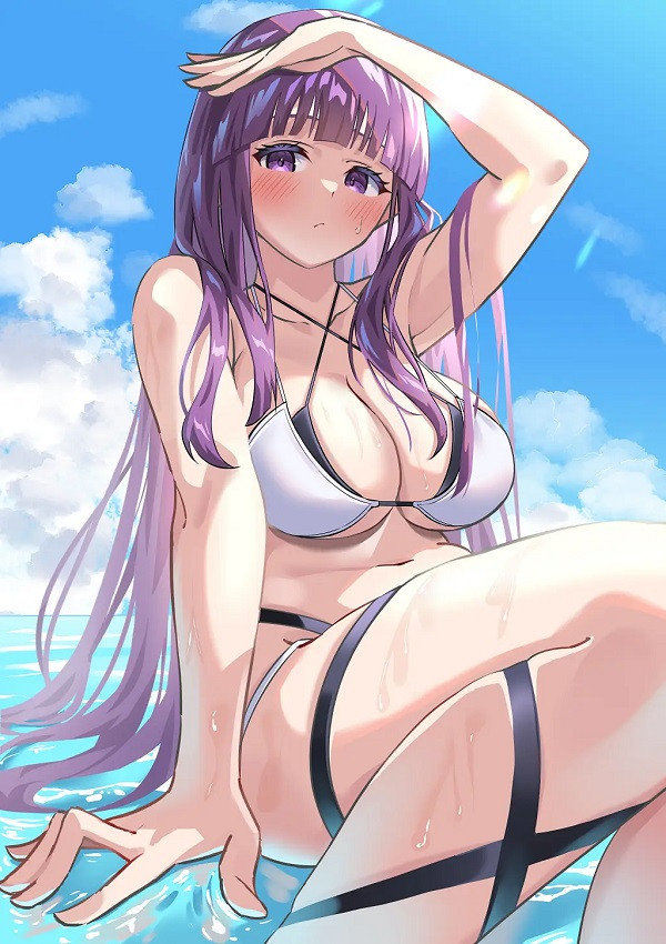 Nhân vật anime quyến rũ tạo dáng bên bãi biển xanh