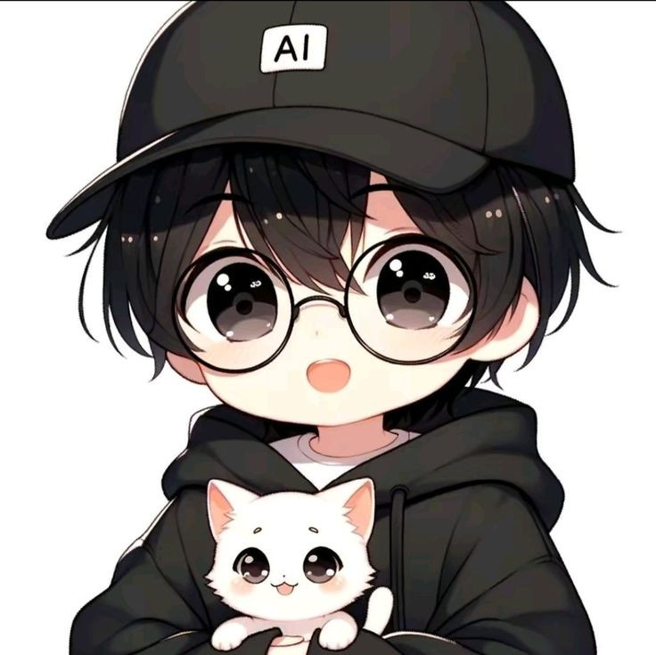 Nhân vật chibi đeo kính ôm thú cưng đáng yêu