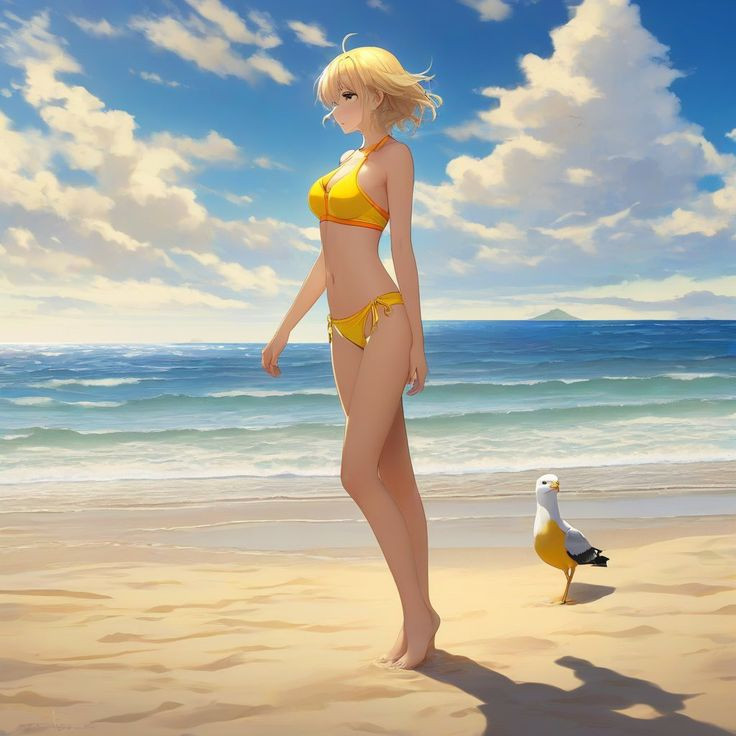 Nhân vật nữ anime chạy bộ trên cát trong bộ bikini