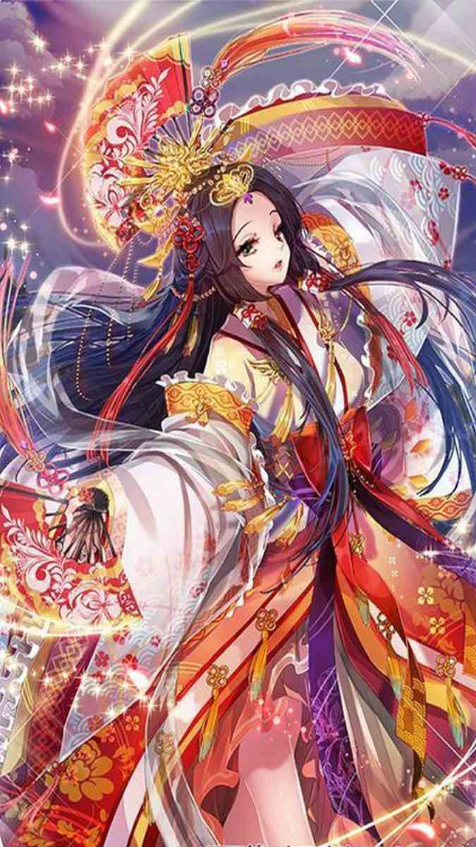 Nhân vật nữ anime cổ trang với nụ cười tươi tắn giữa khung cảnh thiên nhiên