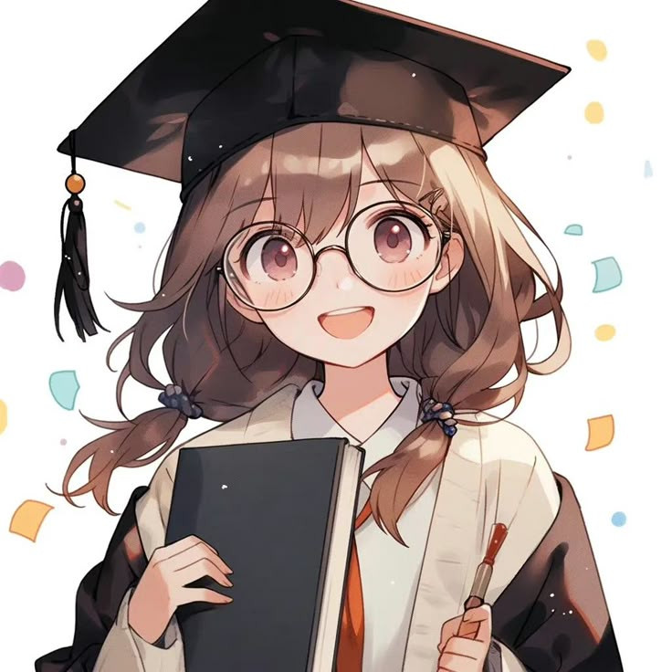 Nhân vật nữ anime đeo kính ôm sách phong cách học giả
