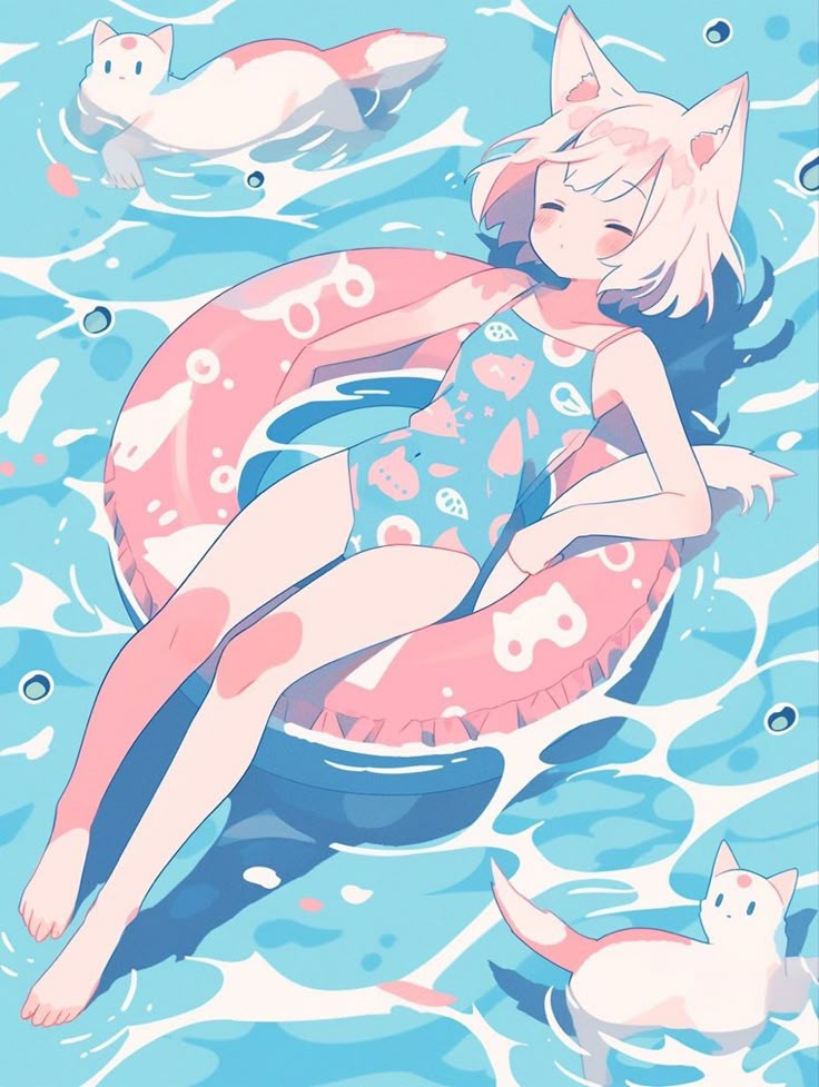 Nhân vật nữ anime mặc bikini ôm gấu bông và phao bơi