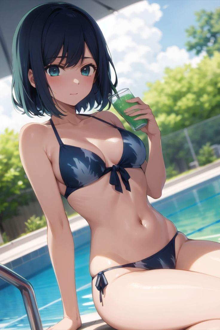 Nhân vật nữ anime mặc bikini với ánh mắt lạnh lùng