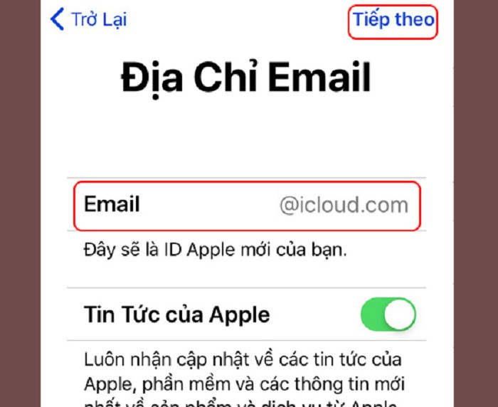 Nhập địa chỉ email sẽ được sử dụng làm tên đăng nhập cho tài khoản iCloud mới
