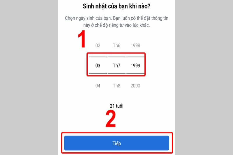 Nhập thông tin ngày tháng năm sinh khi đăng ký tài khoản Facebook.