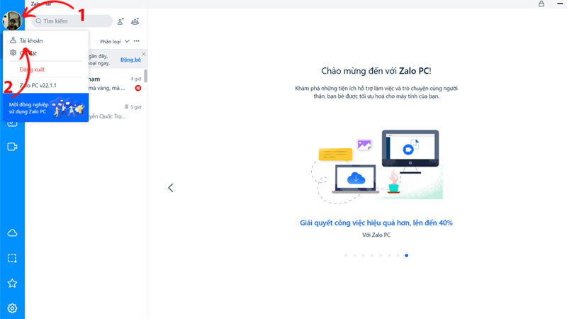 Nhấp vào ảnh đại diện Zalo và chọn Tài khoản trên máy tính