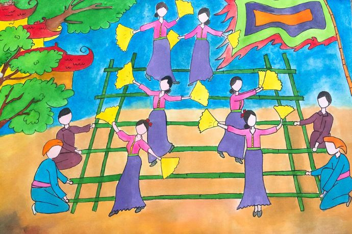 Nhịp điệu rộn ràng của điệu múa sạp được lột tả qua nét vẽ trong bức tranh trò chơi dân gian.