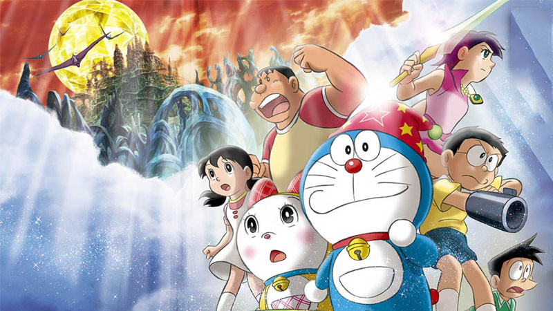 Nhóm bạn Doremon, Nobita, Shizuka, Gian, Suneo đang chơi đùa hoặc hoạt động cùng nhau