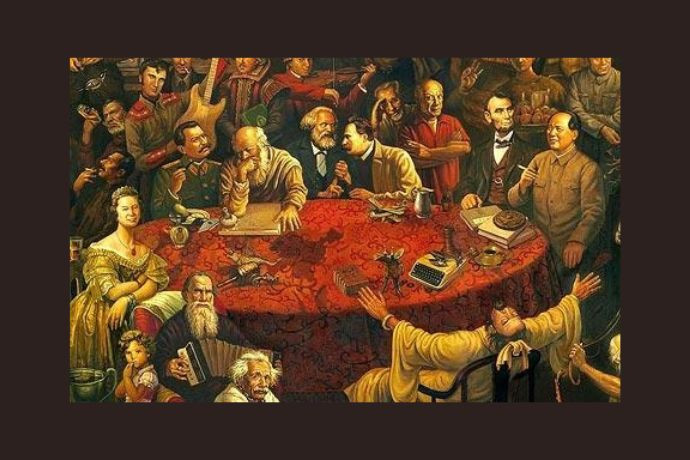 Giải mã bức tranh 103 người nổi tiếng: Kiệt tác hội tụ tinh hoa nhân loại Nhóm các nhân vật lịch sử và chính trị gia ngồi quanh bàn tròn trong bức tranh 103 vĩ nhân thế giới