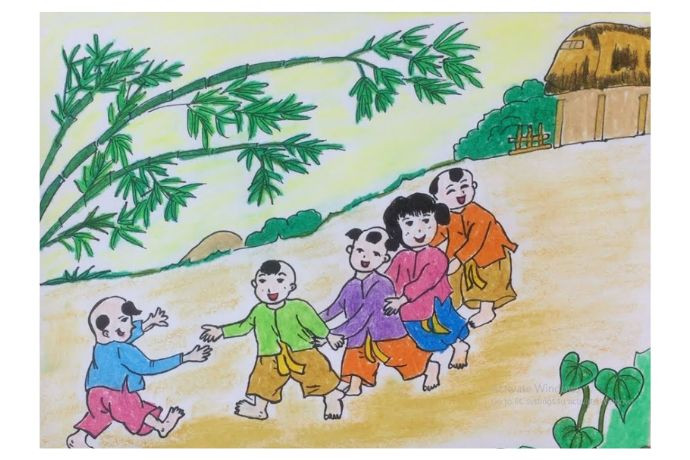 Những bước chân vui nhộn của trò chơi Rồng rắn lên mây được tái hiện trong bức tranh vẽ mang đậm hồn quê.