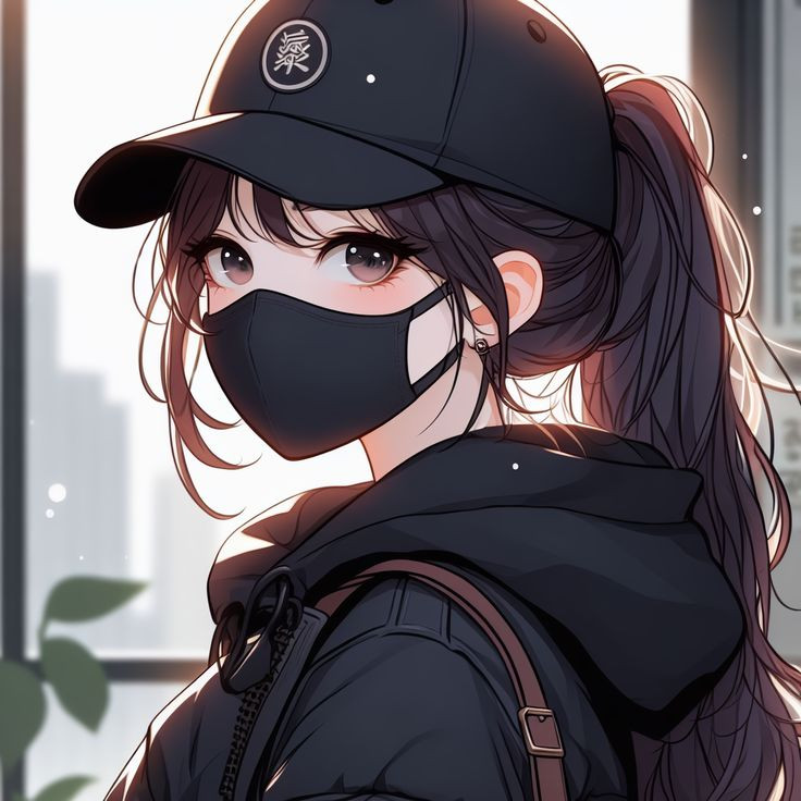 Nữ anime ngồi một mình bên cửa sổ và đeo khẩu trang đen