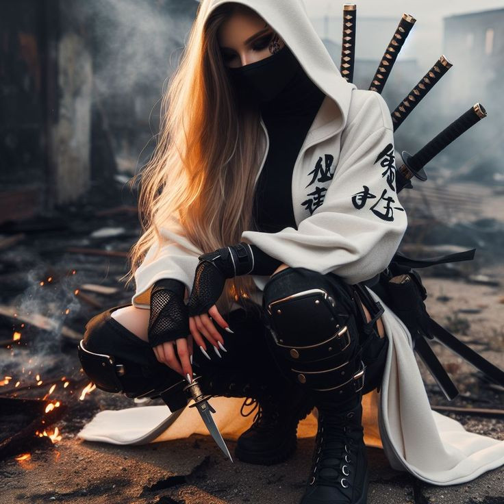 Nữ chiến binh anime đeo khẩu trang đen với ánh mắt lạnh