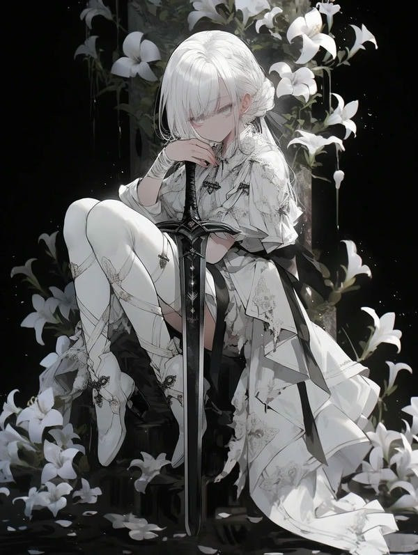 Nữ chiến binh anime với thanh kiếm lớn và ánh mắt kiên định