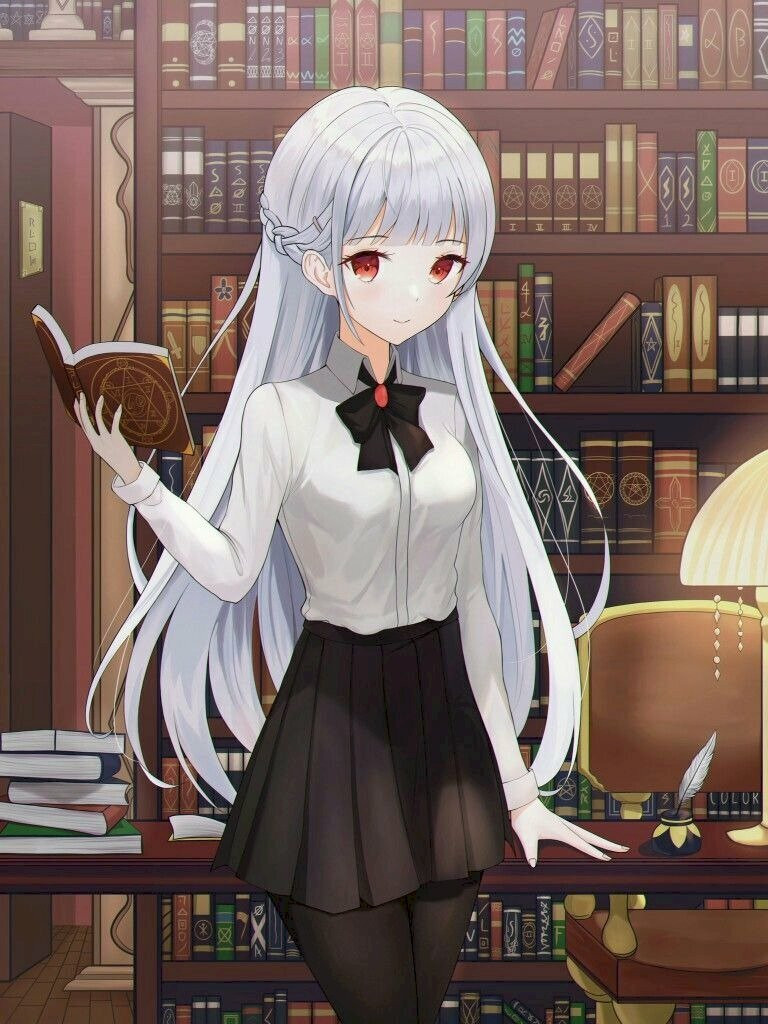 Nữ sinh anime ngồi trong thư viện, tập trung đọc sách