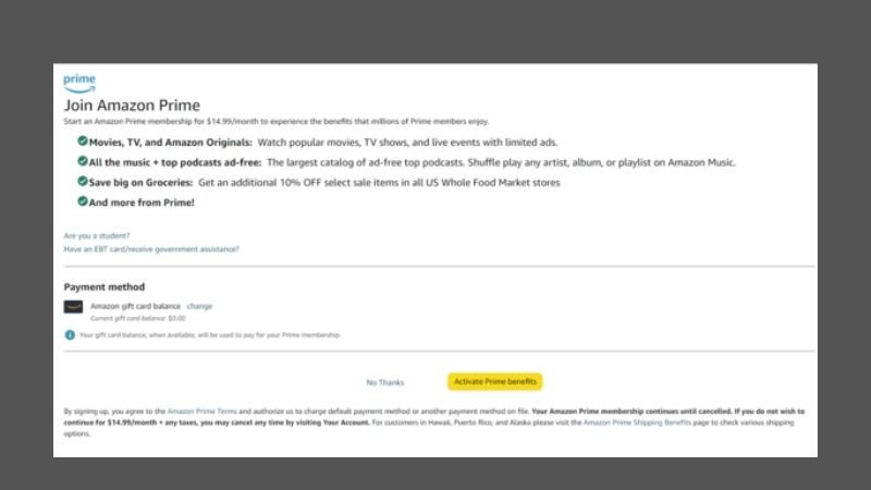Nút &quot;Activate Prime Benefits&quot; trên trang xác nhận, cho phép người dùng kích hoạt ngay các lợi ích của gói hội viên Amazon Prime