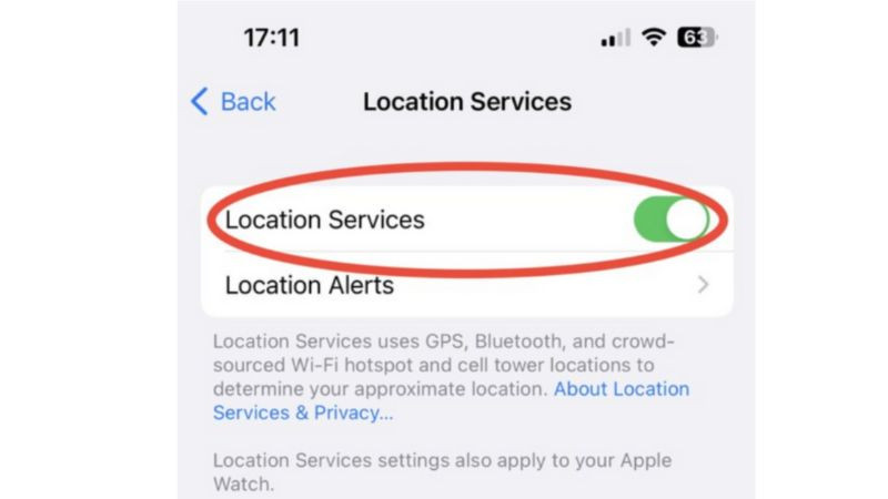 Nút bật/tắt tổng thể cho Dịch vụ định vị (Location Services) trong menu cài đặt, kiểm soát quyền truy cập vị trí của tất cả ứng dụng