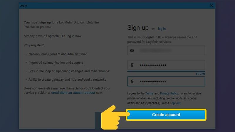 Nút &quot;Create Account&quot; trên biểu mẫu đăng ký để hoàn tất việc tạo tài khoản Hamachi