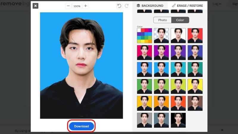 Nút &quot;Download&quot; trên Remove.bg để tải xuống ảnh sau khi đã thành công ghép ảnh nền trắng hoặc xanh