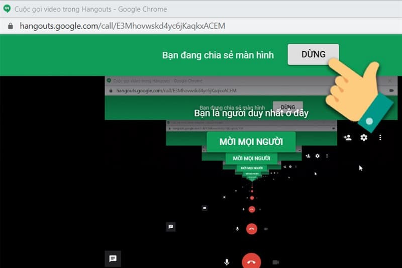 Nút &quot;Dừng chia sẻ&quot; hiển thị khi đang trình chiếu màn hình trong cuộc gọi Hangouts máy tính