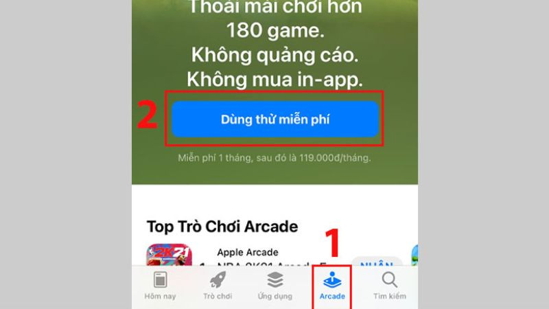 Nút 'Dùng thử miễn phí' trên trang Apple Arcade trong App Store iPhone/iPad