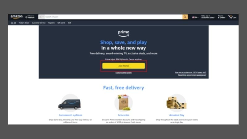 Nút hoặc liên kết &quot;Join Prime&quot; trên trang web Amazon, đánh dấu điểm bắt đầu quy trình đăng ký dịch vụ Amazon Prime