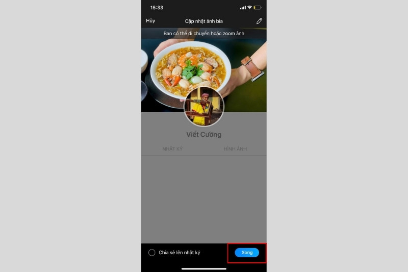 Nút Hoàn tất màu xanh để lưu ảnh bìa Zalo sau khi chỉnh sửa