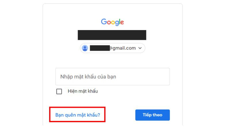 Nút &quot;Quên mật khẩu&quot; để bắt đầu quá trình khôi phục mật khẩu Gmail