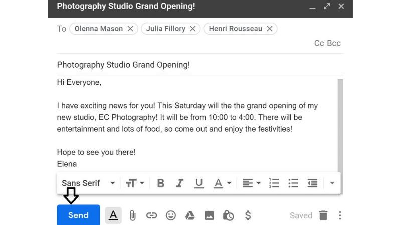 Nút &quot;Send&quot; (Gửi) trong giao diện soạn email của Gmail