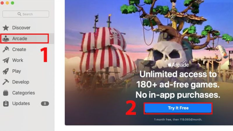 Nút 'Try it Free' (Dùng thử miễn phí) trên trang Apple Arcade trong App Store Mac
