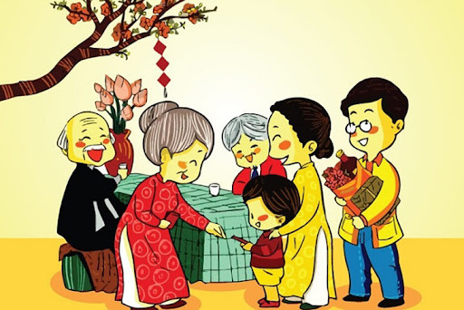 Ông bà hạnh phúc mừng tuổi và lì xì cho các cháu