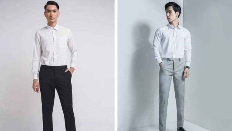 Outfit công sở nam đơn giản với áo sơ mi xanh và quần tây xám chuyên nghiệp