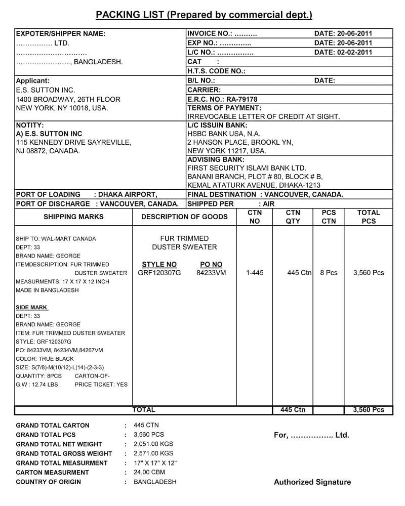Packing list mẫu phiếu đóng gói với thông tin vận chuyển