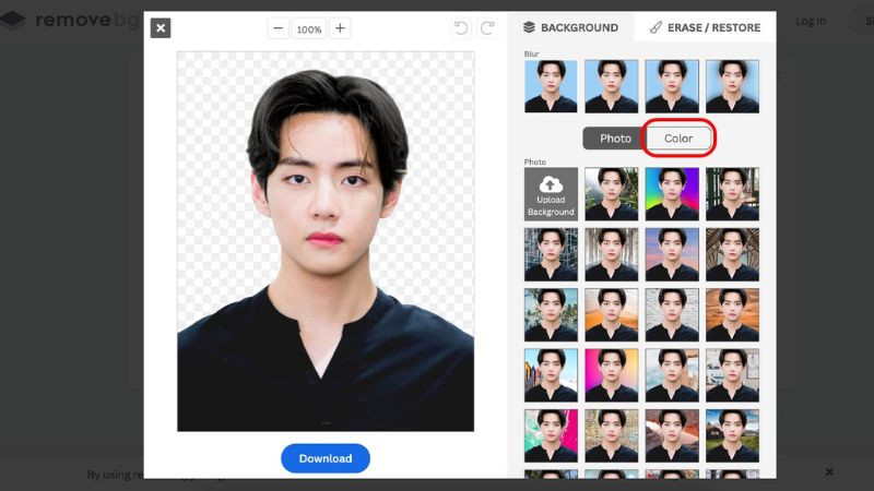 Phần chọn màu trong trình chỉnh sửa của Remove.bg để người dùng lựa chọn màu nền trắng hoặc xanh khi ghép ảnh