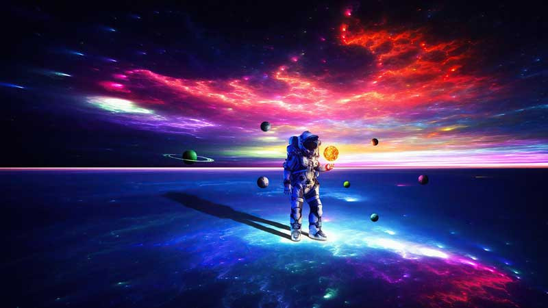 Phi hành gia ngồi bên cạnh một con vật trên hành tinh trống vắng