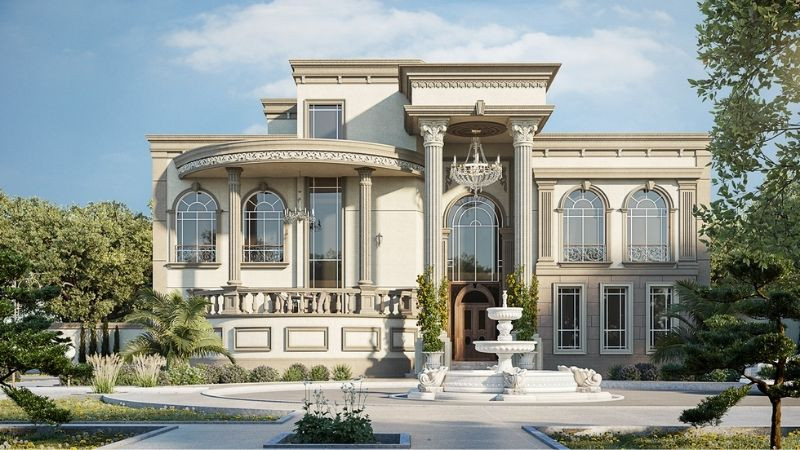 Phối cảnh biệt thự cổ điển với hàng rào và cổng bề thế