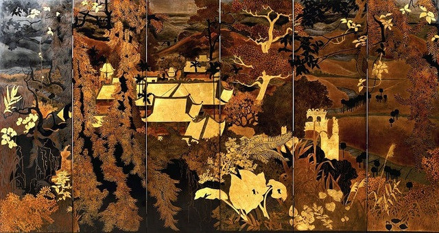 Khám Phá Tranh Sơn Mài Nổi Tiếng Việt Nam Đầy Biểu Tượng Phong cảnh chùa cổ ở Bắc Bộ trong tranh sơn mài của Phạm Hậu