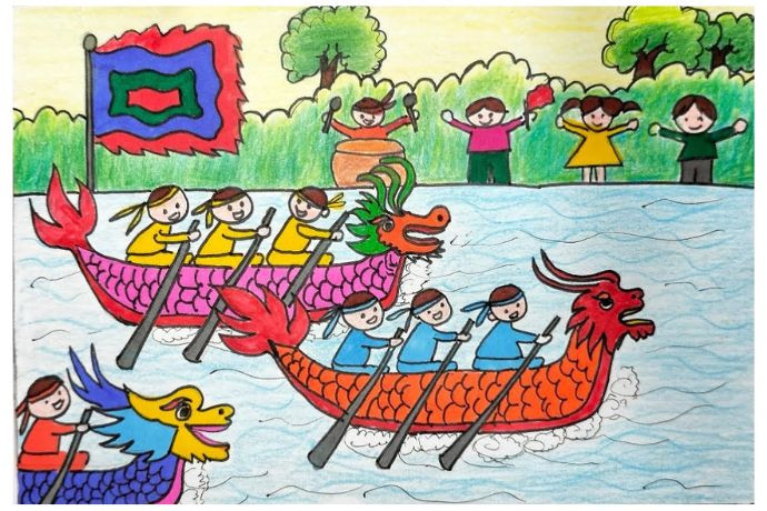 Phong cảnh sông nước với những chiếc thuyền hăng say đua tài, một nét đẹp trong các tranh vẽ về trò chơi dân gian Đua thuyền.