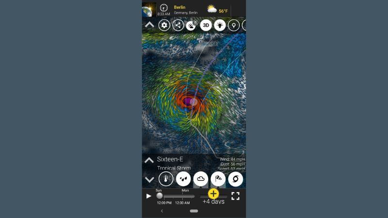 Quả địa cầu 3D trong MeteoEarth hiển thị các hình ảnh mây vệ tinh